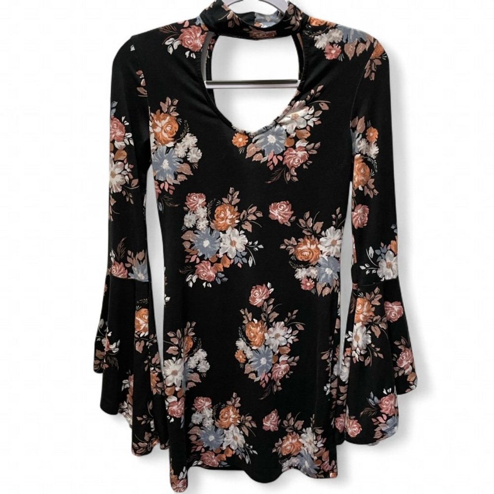 Polly & Esther Black Floral Bell Sleeve Choker Dress Women's M Boho Whimsigoth